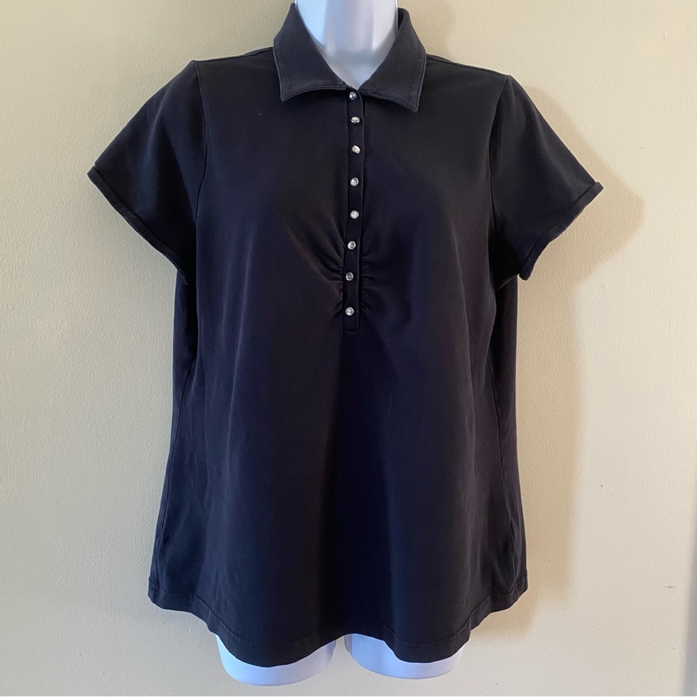 Women's Perfect Fit Black Polo Gathered Bust Size 14W / 16W Rhinestone Buttons